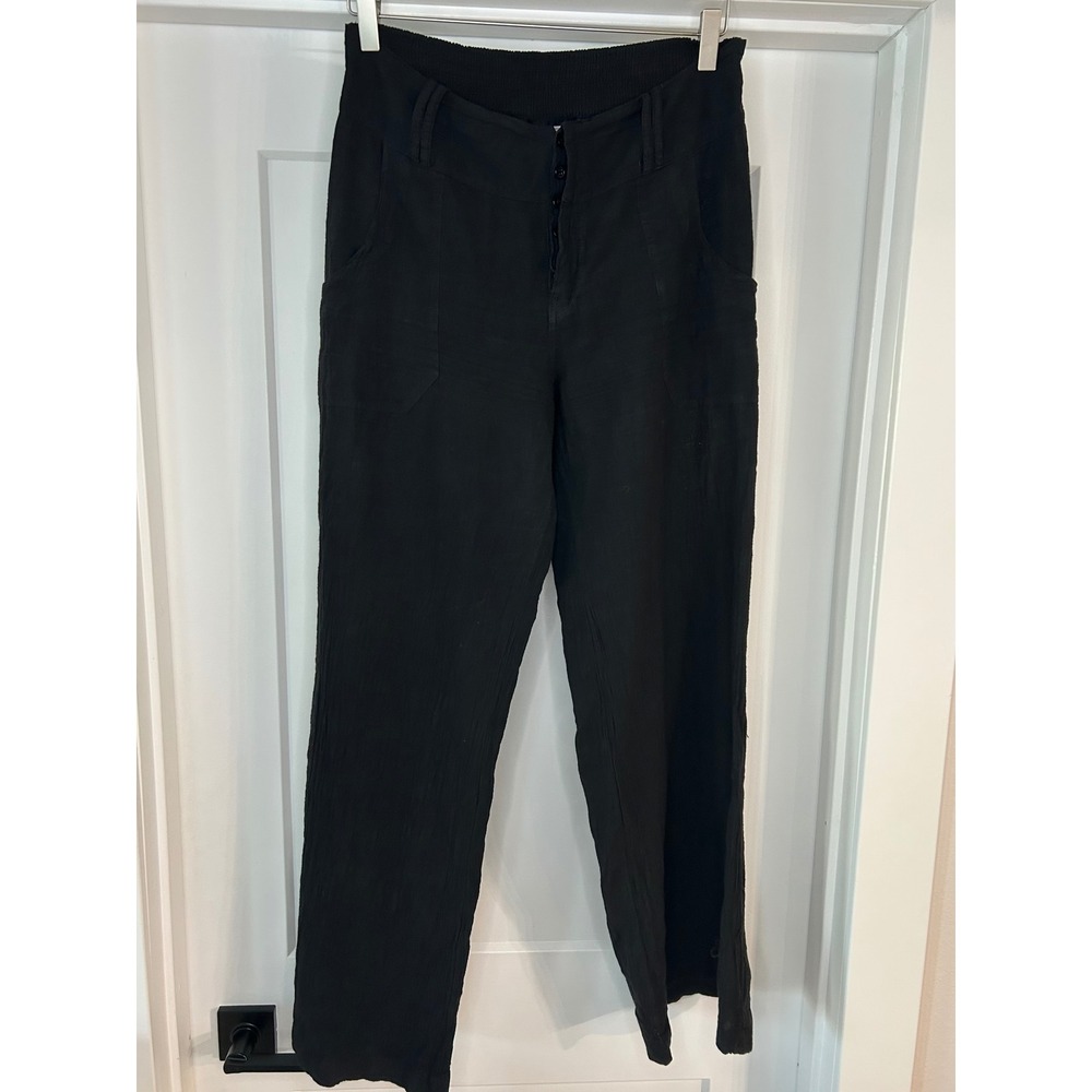Blanco by Nature Black Linen Blend Button Fly Pants Smocked Waist L Peru